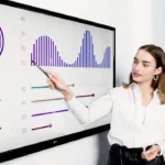 Woman in White Dress Shirt Standing Beside Projector Screen
